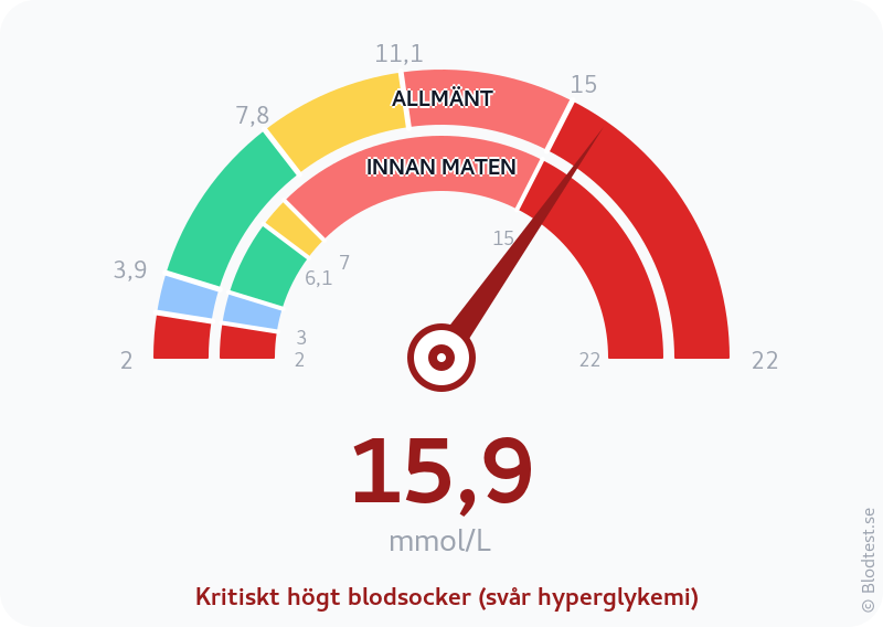 Blodsocker 15,9 mmol/L innan maten – kritiskt högt blodsocker (svår hyperglykemi) – visuell mätare
