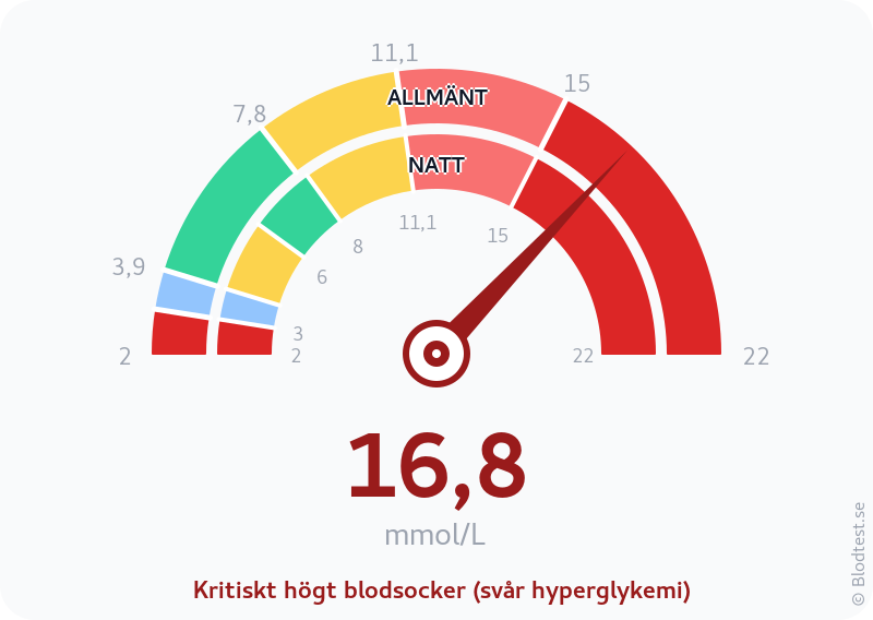 Blodsocker 16,8 mmol/L på natten – kritiskt högt blodsocker (svår hyperglykemi) – visuell mätare
