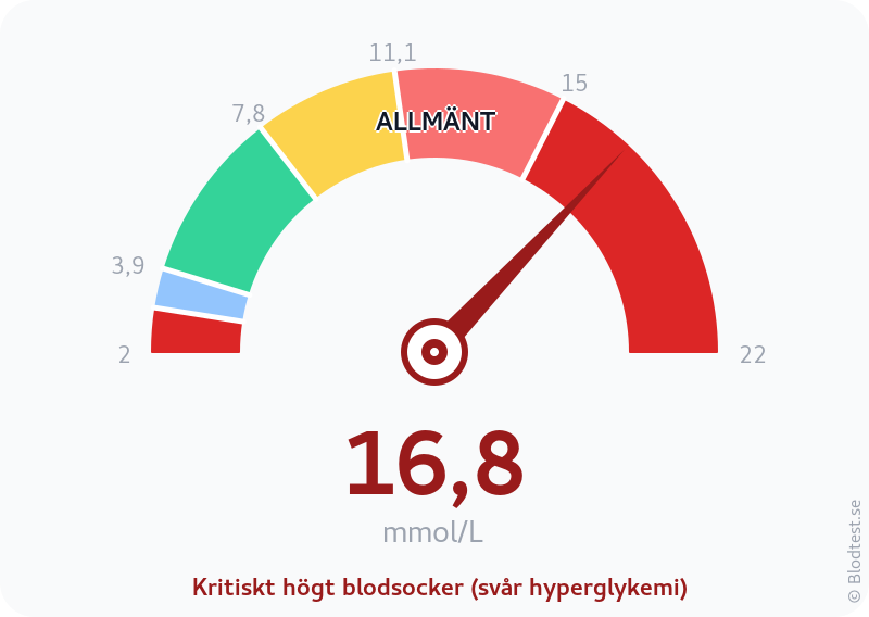 Blodsocker 16,8 mmol/L – kritiskt högt blodsocker (svår hyperglykemi) – visuell mätare