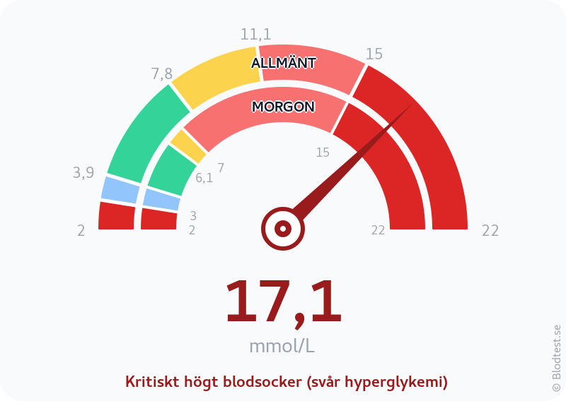 Blodsocker 17,1 mmol/L på morgonen – kritiskt högt blodsocker (svår hyperglykemi) – visuell mätare