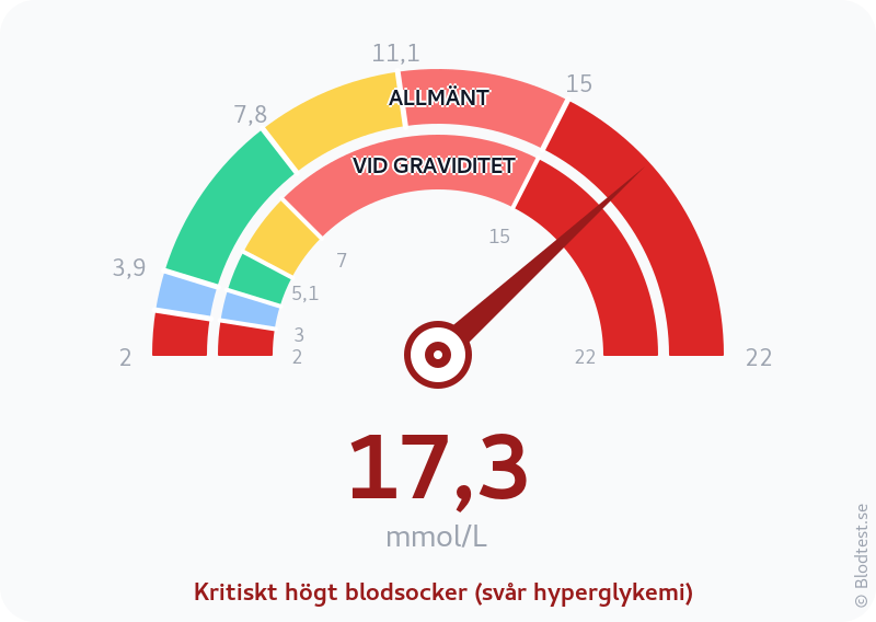 Blodsocker 17,3 mmol/L vid graviditet – kritiskt högt blodsocker (svår hyperglykemi) – visuell mätare