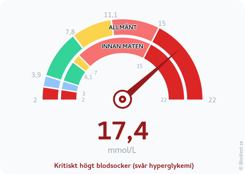 Blodsocker 17,4 mmol/L innan maten – kritiskt högt blodsocker (svår hyperglykemi) – visuell mätare