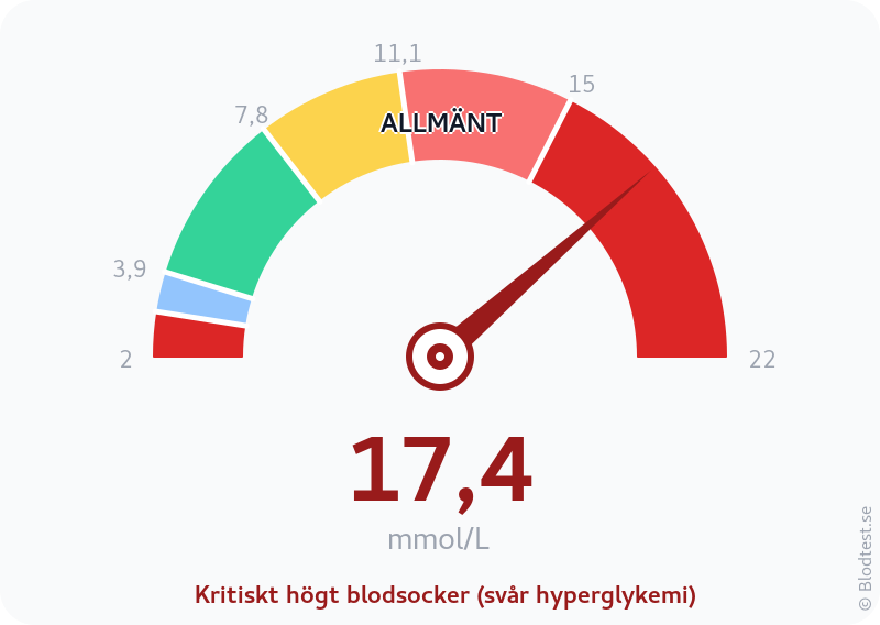 Blodsocker 17,4 mmol/L – kritiskt högt blodsocker (svår hyperglykemi) – visuell mätare