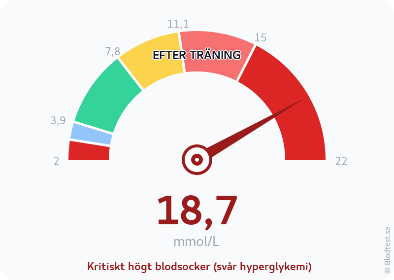 Blodsocker 18,7 mmol/L efter träning – kritiskt högt blodsocker (svår hyperglykemi) – visuell mätare