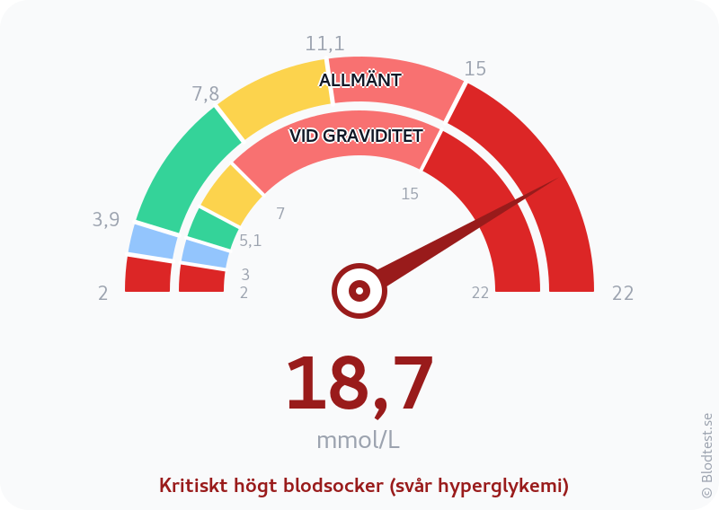 Blodsocker 18,7 mmol/L vid graviditet – kritiskt högt blodsocker (svår hyperglykemi) – visuell mätare