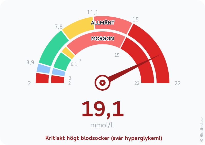 Blodsocker 19,1 mmol/L på morgonen – kritiskt högt blodsocker (svår hyperglykemi) – visuell mätare