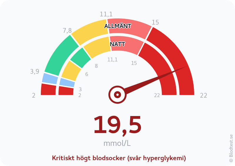 Blodsocker 19,5 mmol/L på natten – kritiskt högt blodsocker (svår hyperglykemi) – visuell mätare