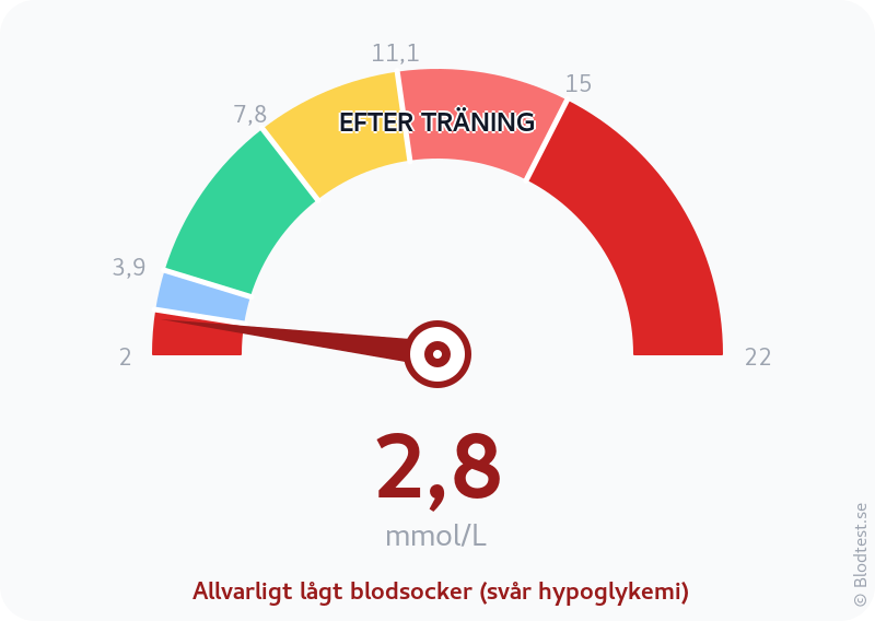 Blodsocker 2,8 mmol/L efter träning – allvarligt lågt blodsocker (svår hypoglykemi) – visuell mätare