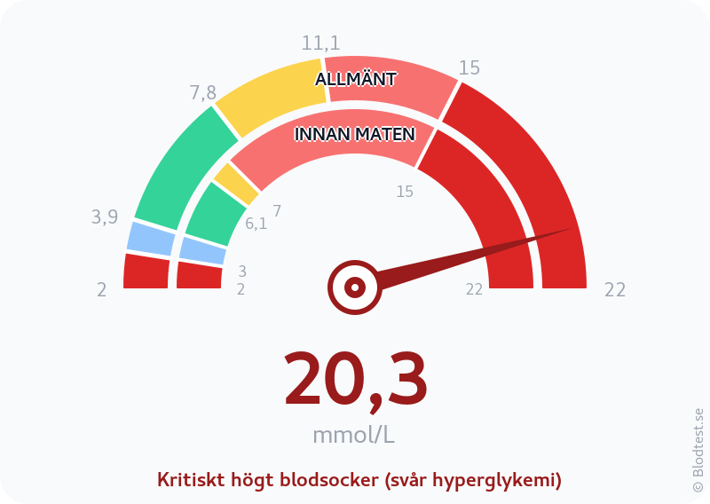 Blodsocker 20,3 mmol/L innan maten – kritiskt högt blodsocker (svår hyperglykemi) – visuell mätare