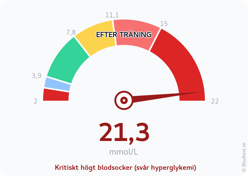 Blodsocker 21,3 mmol/L efter träning – kritiskt högt blodsocker (svår hyperglykemi) – visuell mätare