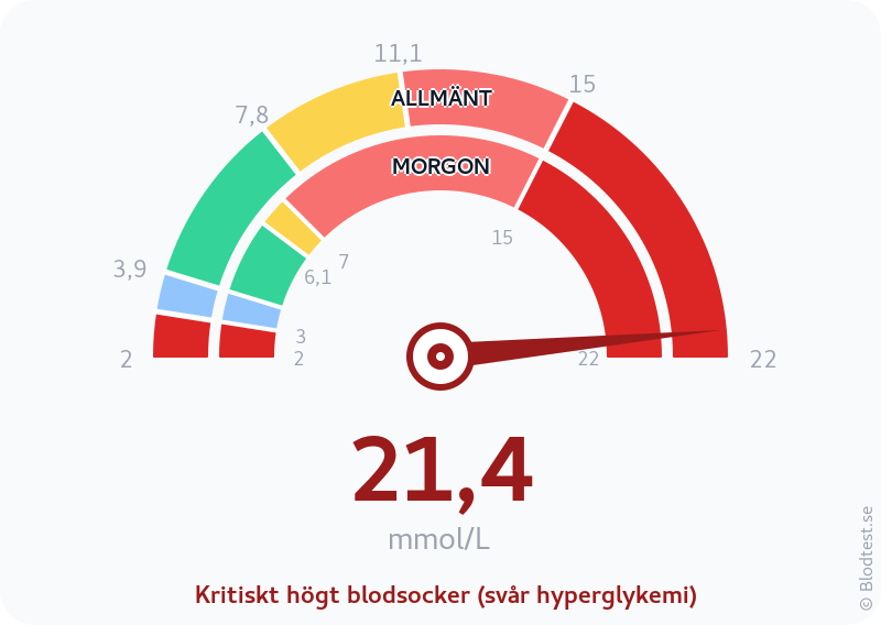 Blodsocker 21,4 mmol/L på morgonen – kritiskt högt blodsocker (svår hyperglykemi) – visuell mätare