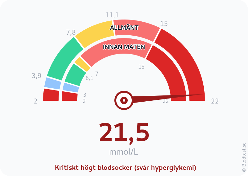 Blodsocker 21,5 mmol/L innan maten – kritiskt högt blodsocker (svår hyperglykemi) – visuell mätare
