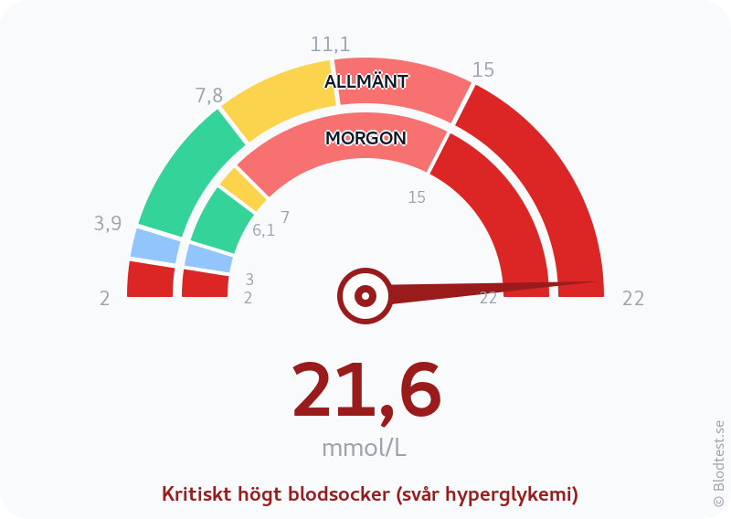 Blodsocker 21,6 mmol/L på morgonen – kritiskt högt blodsocker (svår hyperglykemi) – visuell mätare