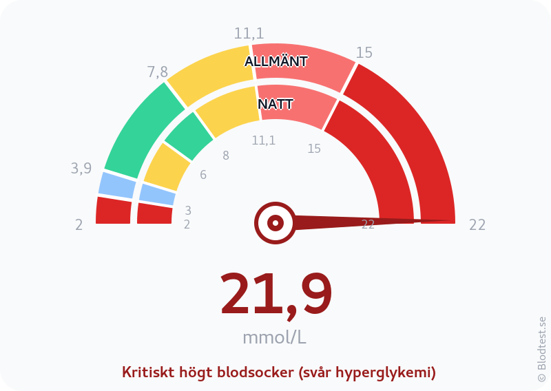Blodsocker 21,9 mmol/L på natten – kritiskt högt blodsocker (svår hyperglykemi) – visuell mätare
