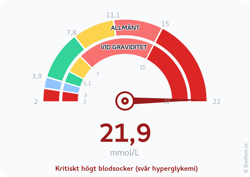 Blodsocker 21,9 mmol/L vid graviditet – kritiskt högt blodsocker (svår hyperglykemi) – visuell mätare