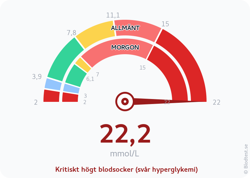 Blodsocker 22,2 mmol/L på morgonen – kritiskt högt blodsocker (svår hyperglykemi) – visuell mätare