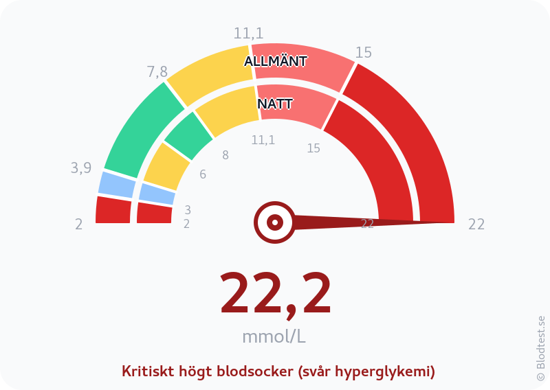 Blodsocker 22,2 mmol/L på natten – kritiskt högt blodsocker (svår hyperglykemi) – visuell mätare