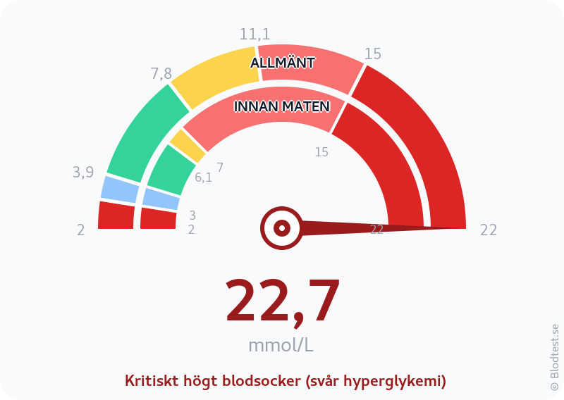 Blodsocker 22,7 mmol/L innan maten – kritiskt högt blodsocker (svår hyperglykemi) – visuell mätare