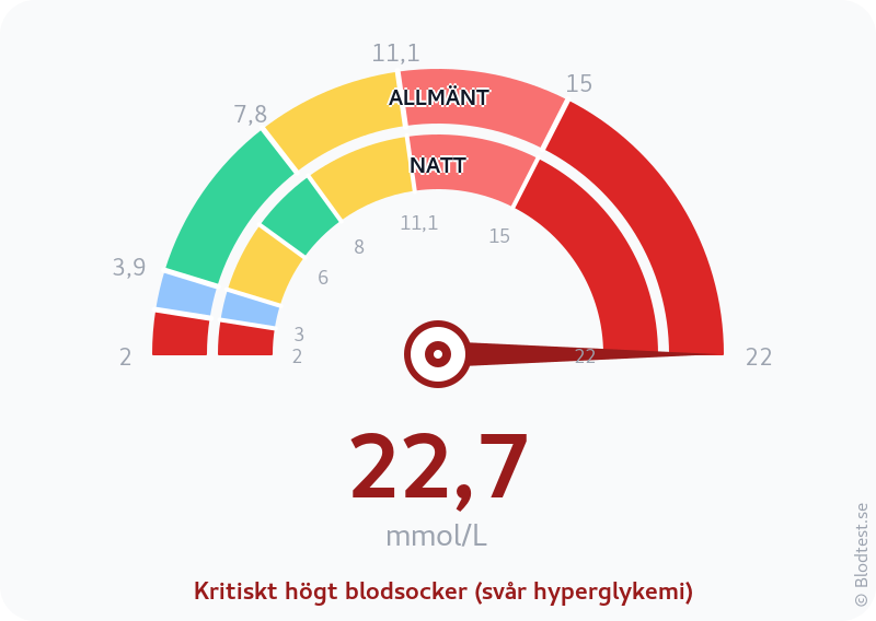 Blodsocker 22,7 mmol/L på natten – kritiskt högt blodsocker (svår hyperglykemi) – visuell mätare