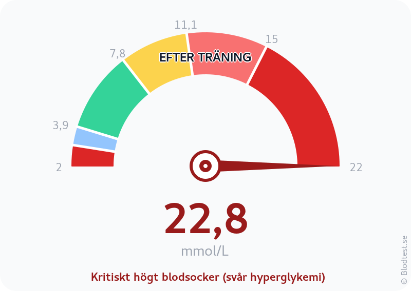 Blodsocker 22,8 mmol/L efter träning – kritiskt högt blodsocker (svår hyperglykemi) – visuell mätare