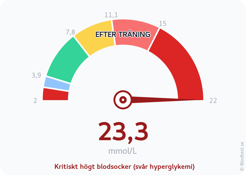 Blodsocker 23,3 mmol/L efter träning – kritiskt högt blodsocker (svår hyperglykemi) – visuell mätare