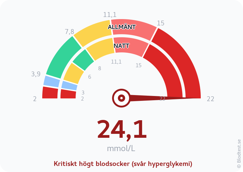 Blodsocker 24,1 mmol/L på natten – kritiskt högt blodsocker (svår hyperglykemi) – visuell mätare