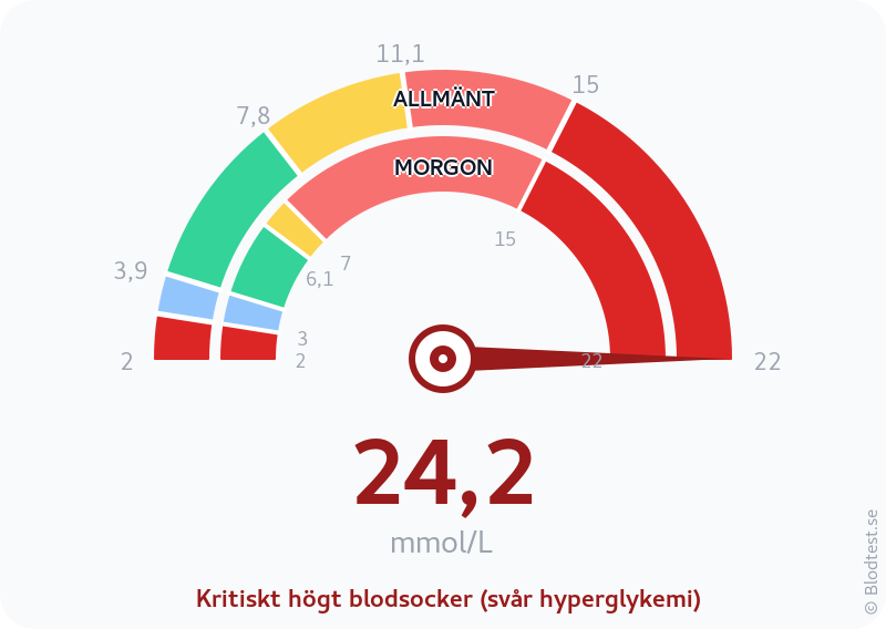 Blodsocker 24,2 mmol/L på morgonen – kritiskt högt blodsocker (svår hyperglykemi) – visuell mätare