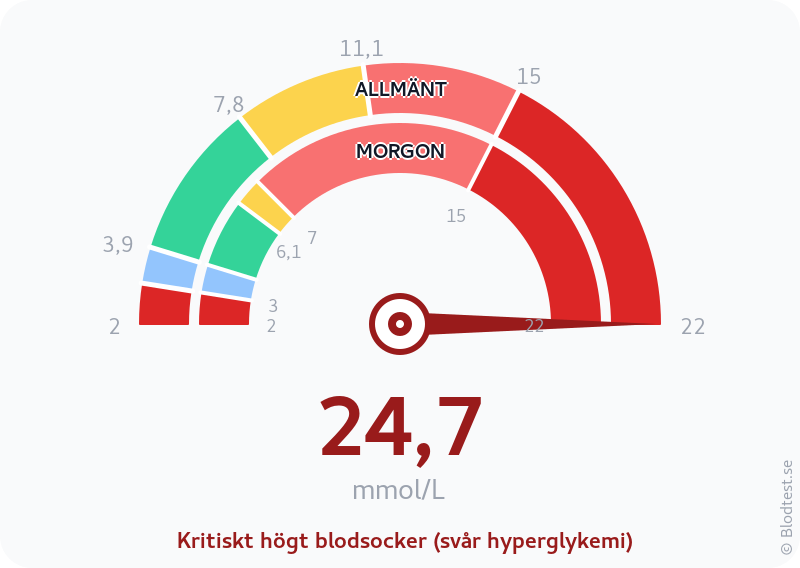 Blodsocker 24,7 mmol/L på morgonen – kritiskt högt blodsocker (svår hyperglykemi) – visuell mätare
