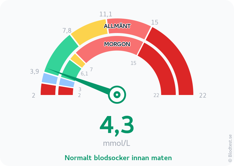 Blodsocker 4,3 mmol/L på morgonen – normalt blodsocker innan maten – visuell mätare
