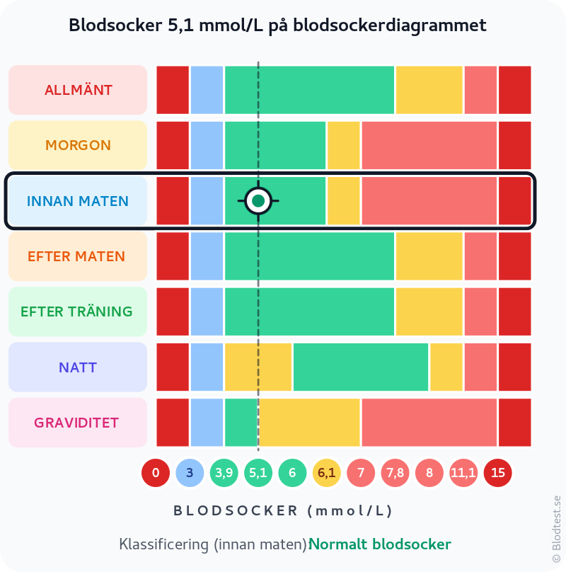 Blodsocker 5,1 mmol/L innan maten – normalt blodsocker innan maten – klassificeringsdiagram