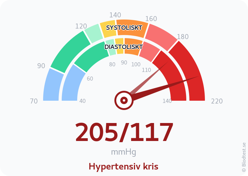 Blodtryck 205 över 117 – hypertensiv kris – visuell mätare