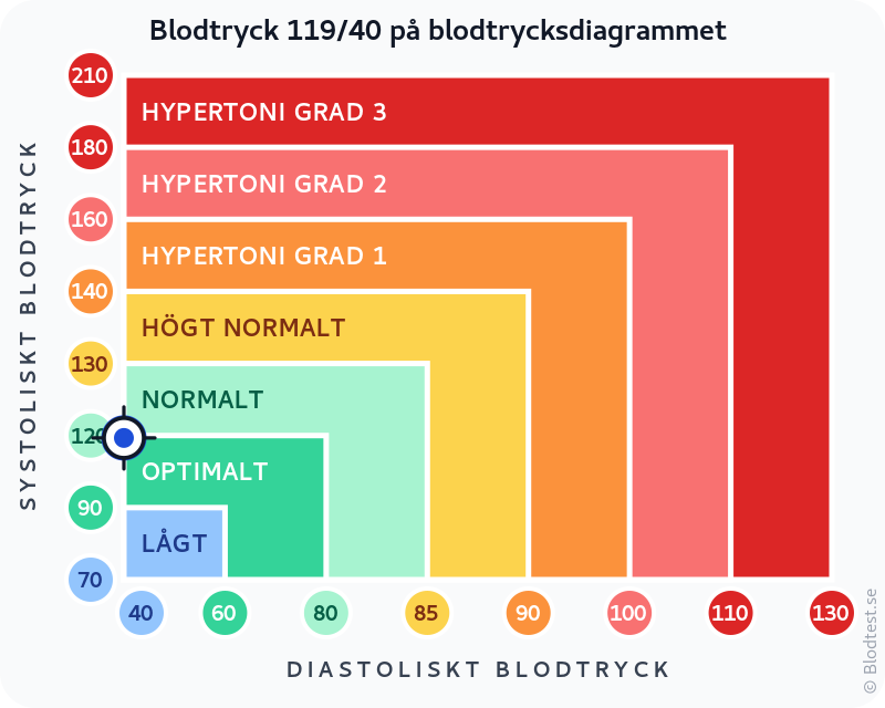 Blodtryck 119 över 40 – lågt blodtryck (hypotoni) – klassificeringsdiagram med systoliskt och diastoliskt värde