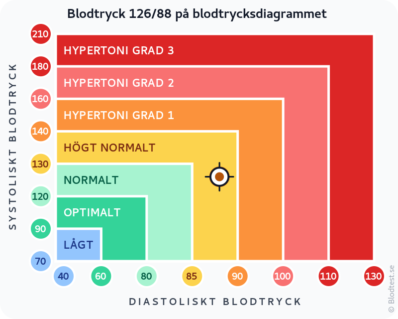 Blodtryck 126 över 88 – högt normalt blodtryck – klassificeringsdiagram med systoliskt och diastoliskt värde