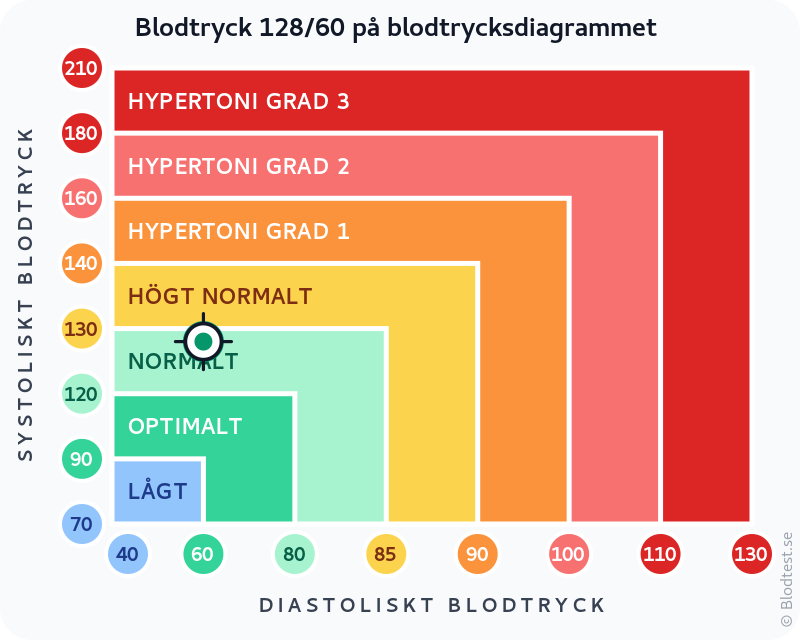 Blodtryck 128 över 60 – normalt blodtryck – klassificeringsdiagram med systoliskt och diastoliskt värde