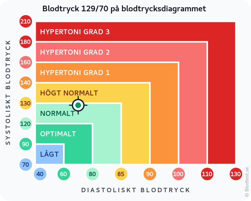 Blodtryck 129 över 70 – normalt blodtryck – klassificeringsdiagram med systoliskt och diastoliskt värde