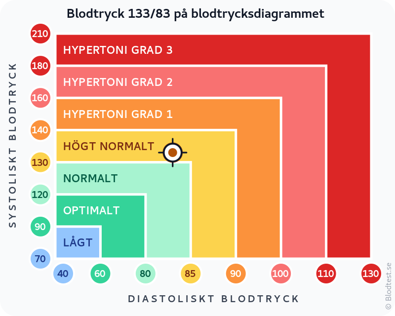 Blodtryck 133 över 83 – högt normalt blodtryck – klassificeringsdiagram med systoliskt och diastoliskt värde