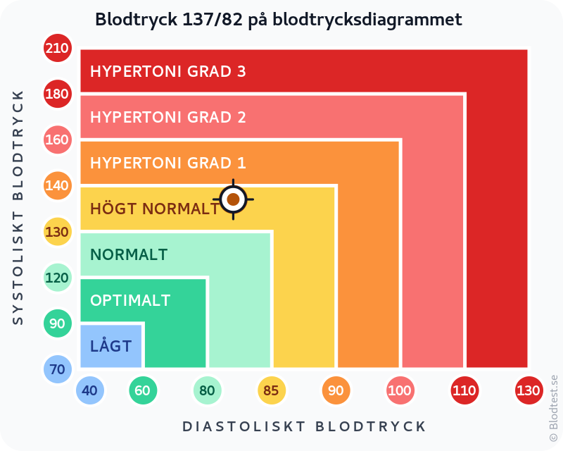 Blodtryck 137 över 82 – högt normalt blodtryck – klassificeringsdiagram med systoliskt och diastoliskt värde