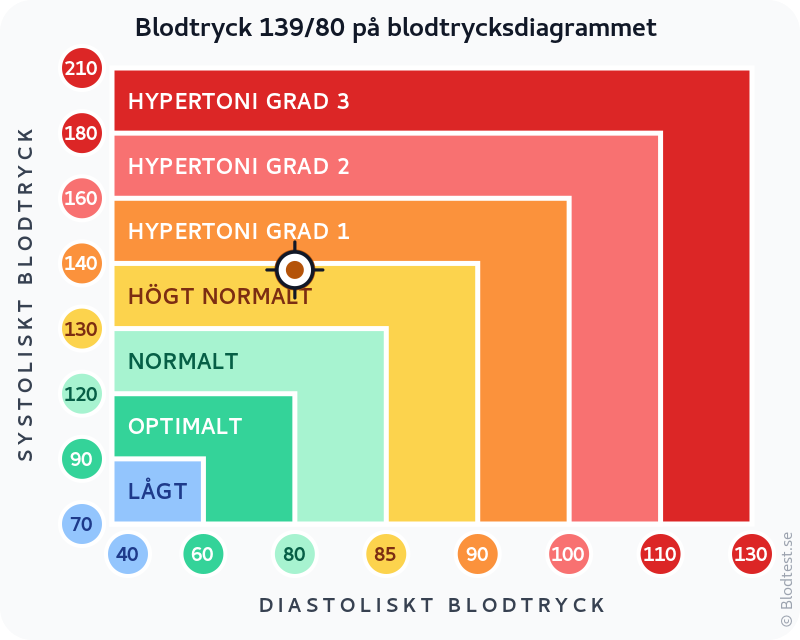 Blodtryck 139 över 80 – högt normalt blodtryck – klassificeringsdiagram med systoliskt och diastoliskt värde
