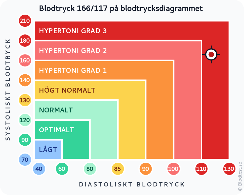 Blodtryck 166 över 117 – hypertoni grad 3 (svår) – klassificeringsdiagram med systoliskt och diastoliskt värde