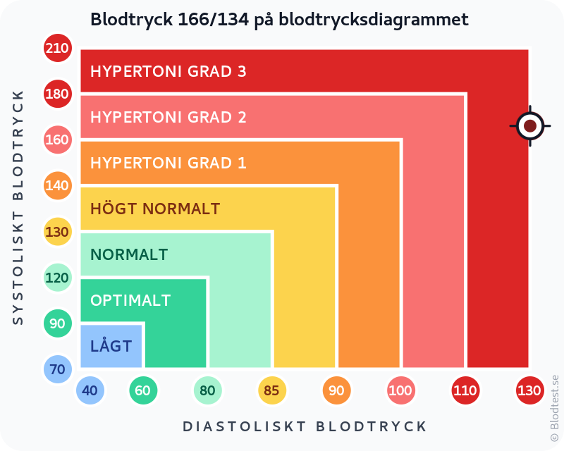 Blodtryck 166 över 134 – hypertensiv kris – klassificeringsdiagram med systoliskt och diastoliskt värde