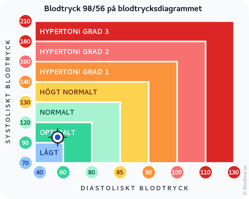 Blodtryck 98 över 56 – lågt blodtryck (hypotoni) – klassificeringsdiagram med systoliskt och diastoliskt värde